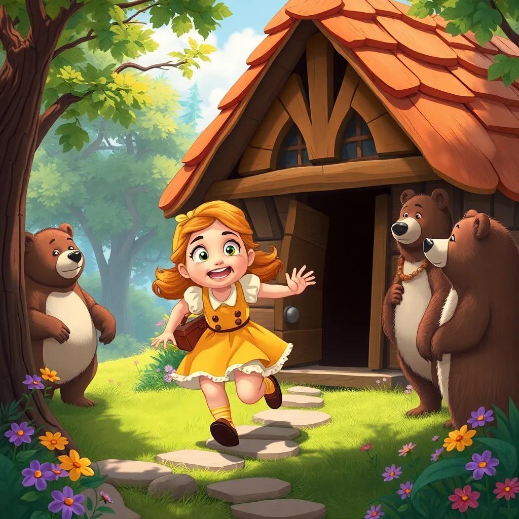 Goldilocks rushing out of the bear house with a worried expression, the bears watching her leave, surrounded by trees and flowers, bright and adventurous atmosphere, joyful art