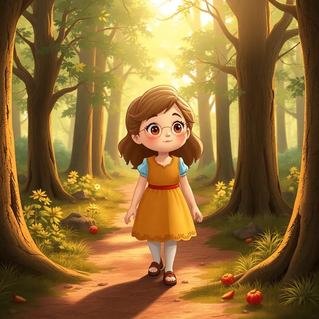 Goldilocks walking home through the woods, thoughtful expression as she reflects on her adventure, trees and path around her, calming scenery, warm sunlight, child-friendly illustration