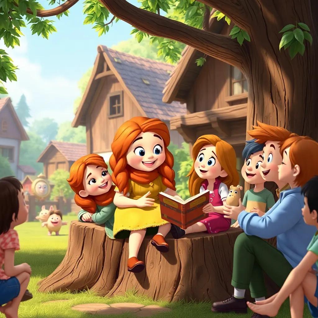 Goldilocks sharing her story with friends in the village, sitting on a tree stump, animated expressions, happy and engaged audience, bright colors, light-hearted atmosphere