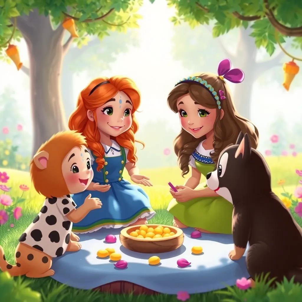 A beautiful scene of Goldilocks playing with her friends, teaching them about respect and kindness, vibrant colors, joyful interactions, friendly atmosphere, cheerful art