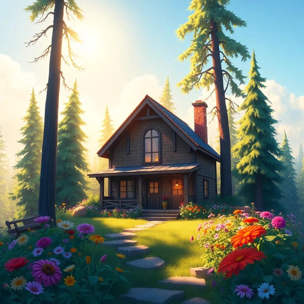 A cozy house in the woods, surrounded by colorful flowers and tall trees, with a bright sunny sky, inviting and cheerful atmosphere, digital painting, vibrant colors, warm light, detailed, charming