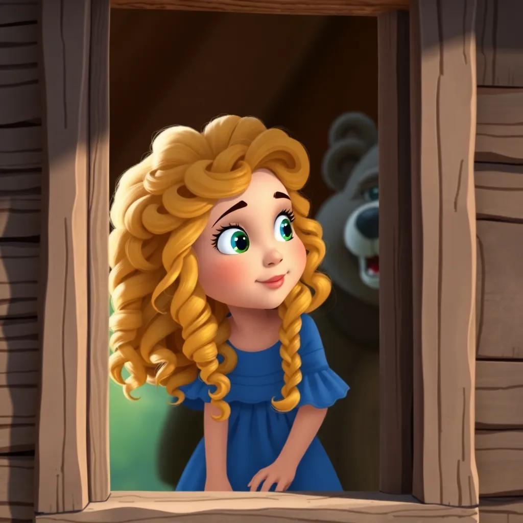 A young girl, Goldilocks, with curly golden hair, wearing a blue dress, peeking through the window of a bear's house, fascinated expression, bright and sunny day, whimsical style, cheerful color palette, high quality