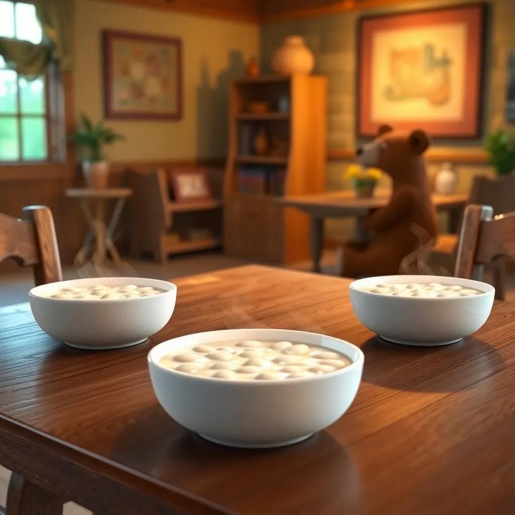 Three bowls of porridge on a wooden table: one steaming hot, one ice-cold, and one perfectly warm, in a cozy bear dining room, child-friendly, inviting and lively, colorful details, warm lighting, high quality