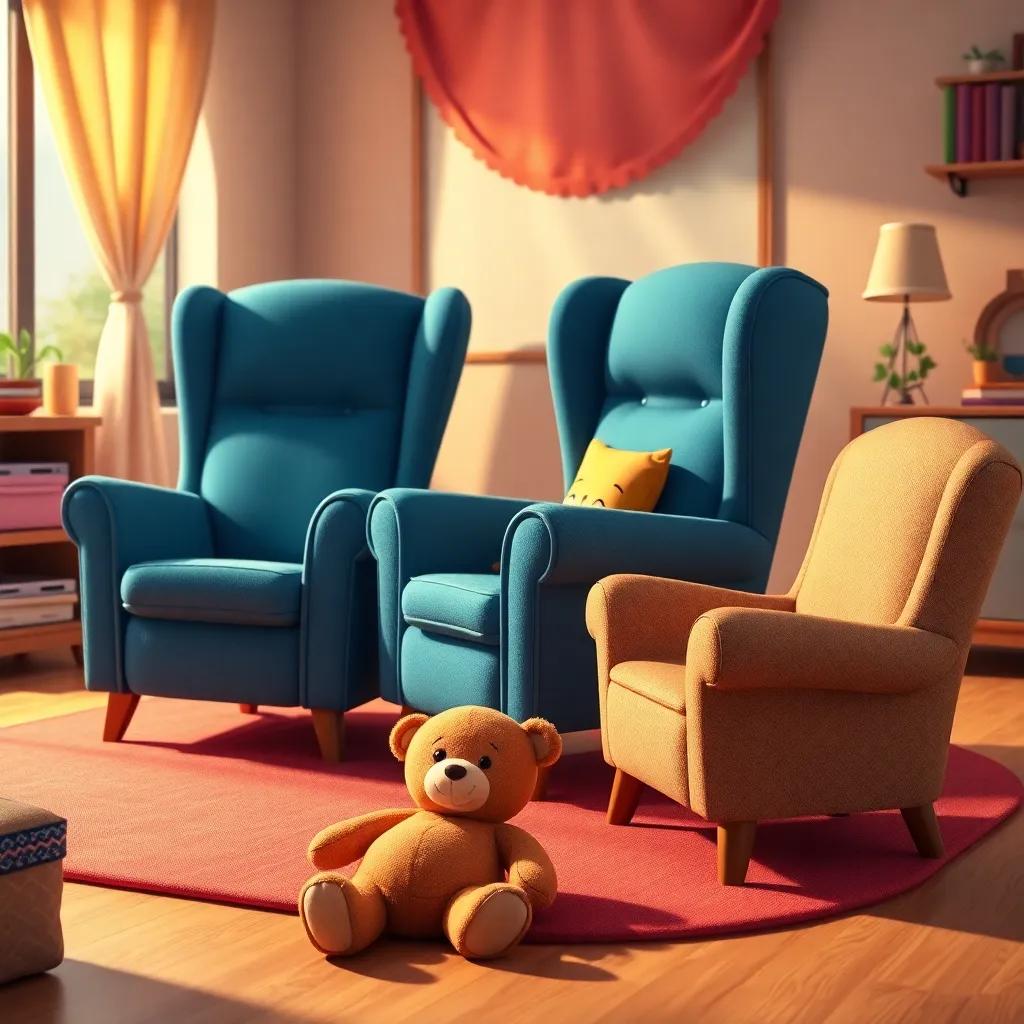 A cozy living room with three chairs - one big, one small, and one broken, with a cute teddy bear on the floor, child-safe, playful atmosphere, vibrant colors, detailed with warm light