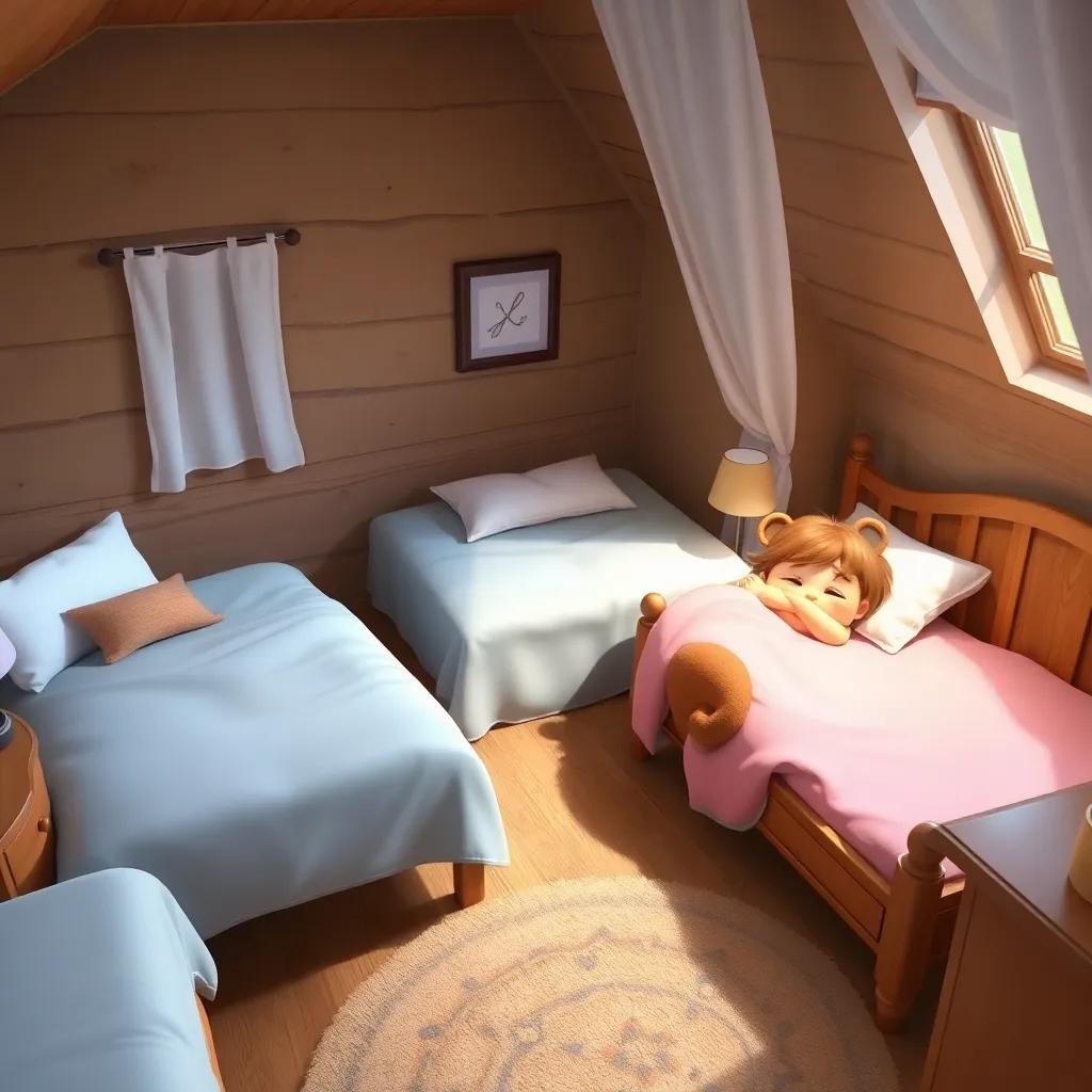 An upstairs bedroom with three beds - one hard, one soft, and one with a little bear-shaped blanket, showing Goldilocks snuggled into Baby Bear's bed, peaceful scene, soft colors, dreamlike quality, high quality