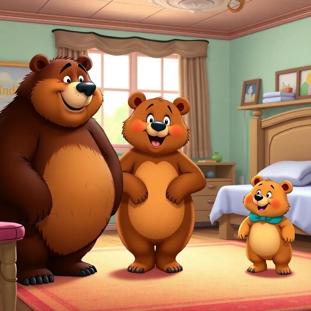 Three bears: a big, grumpy Papa Bear, a caring Mama Bear, and a tiny, curious Baby Bear, standing in their bedroom, surprised to see Goldilocks, cheerful yet surprised, playful colors, lively scene, child-friendly