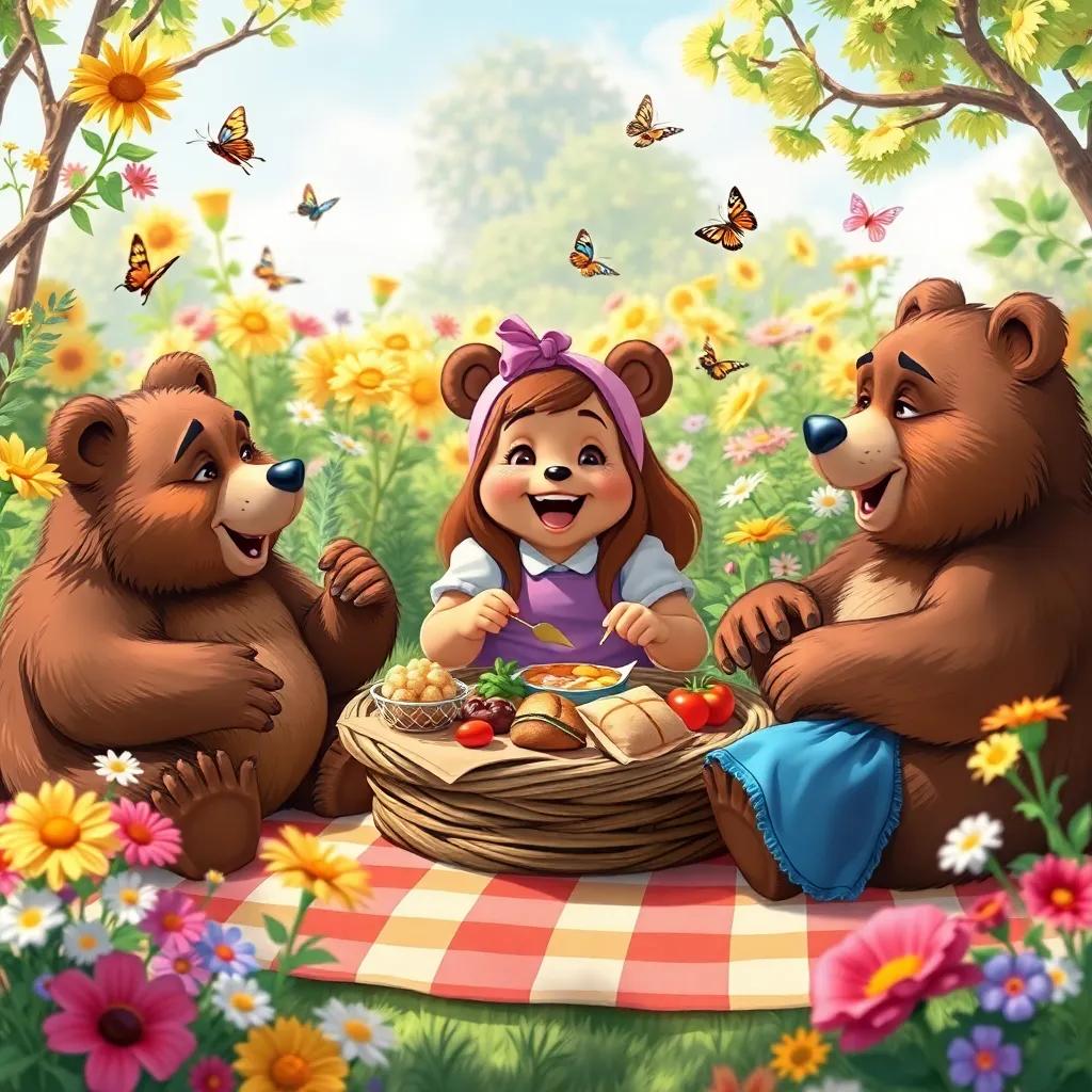 Three bears and Goldilocks enjoying a picnic in a sunny garden filled with flowers and butterflies, all sharing food and laughter, colorful picnic blanket, joyous atmosphere, cheerful and vibrant scene, high quality