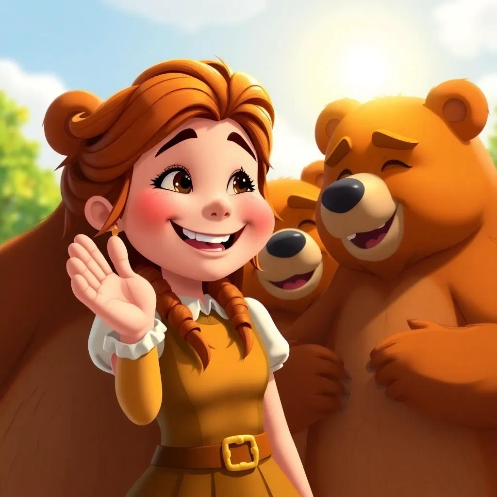 Goldilocks with a big smile, giving an apologetic gesture to the three bears, with the sun shining down on them, warm colors, friendly atmosphere, heartwarming scene, high quality