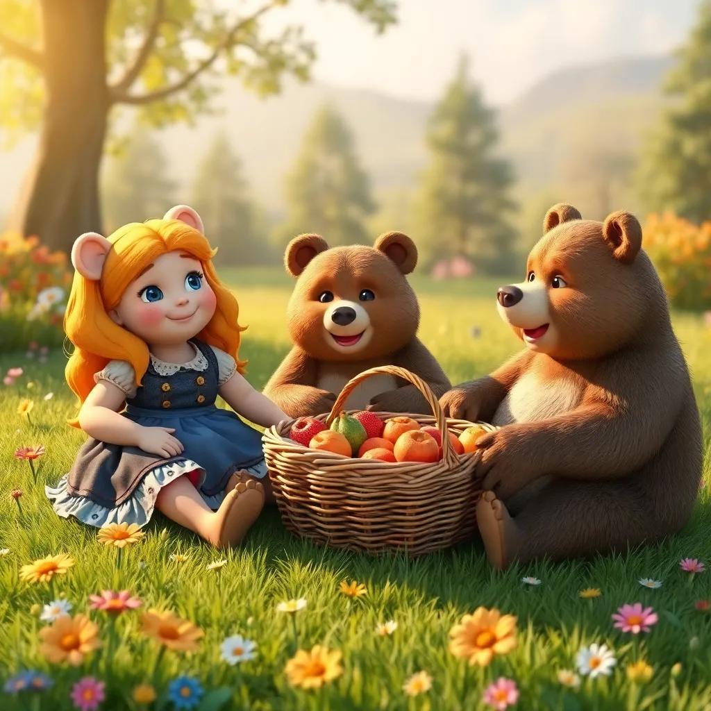 Goldilocks and the three bears sitting on the grass with a basket of food, enjoying their picnic, surrounded by nature and colorful flowers, inviting and happy scene, warm light, high details, heartwarming