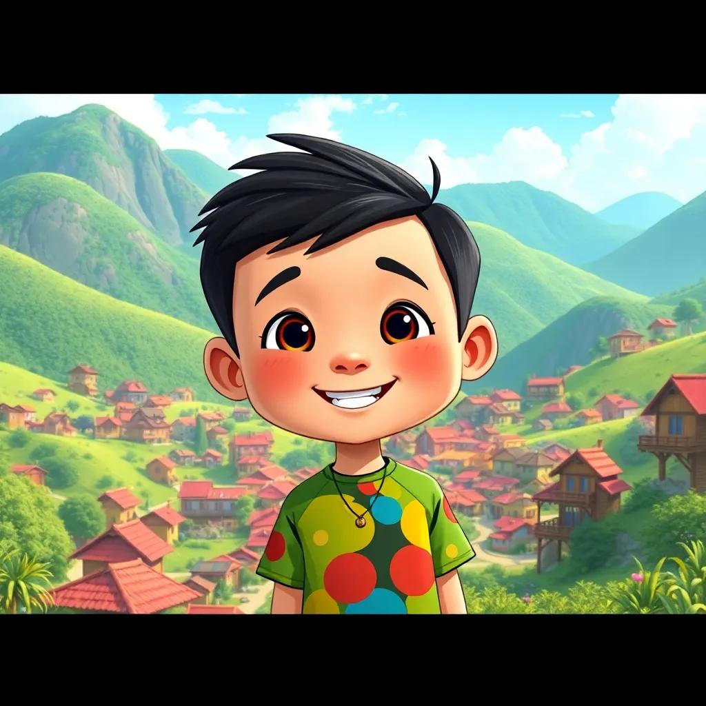 A lively village surrounded by green hills, with a cheerful boy named Golu, round face, twinkling eyes, smiling, wearing a colorful shirt, illustration, vibrant colors, sunny atmosphere, cheerful view, high quality
