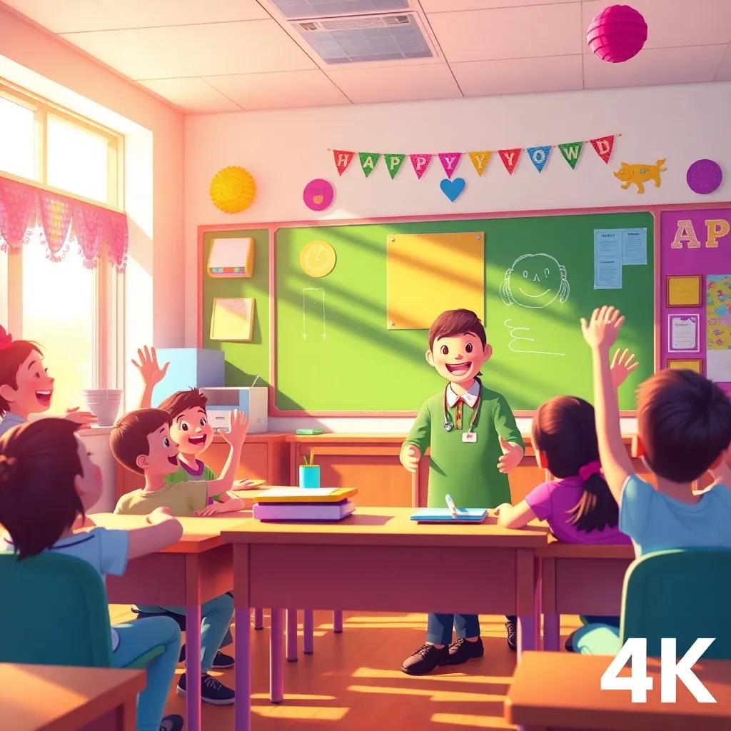 A cheerful classroom scene with happy kids talking and waving, a friendly teacher in front, colorful decorations, bright sunlight coming through the windows, digital art, vibrant colors, warm atmosphere, high quality