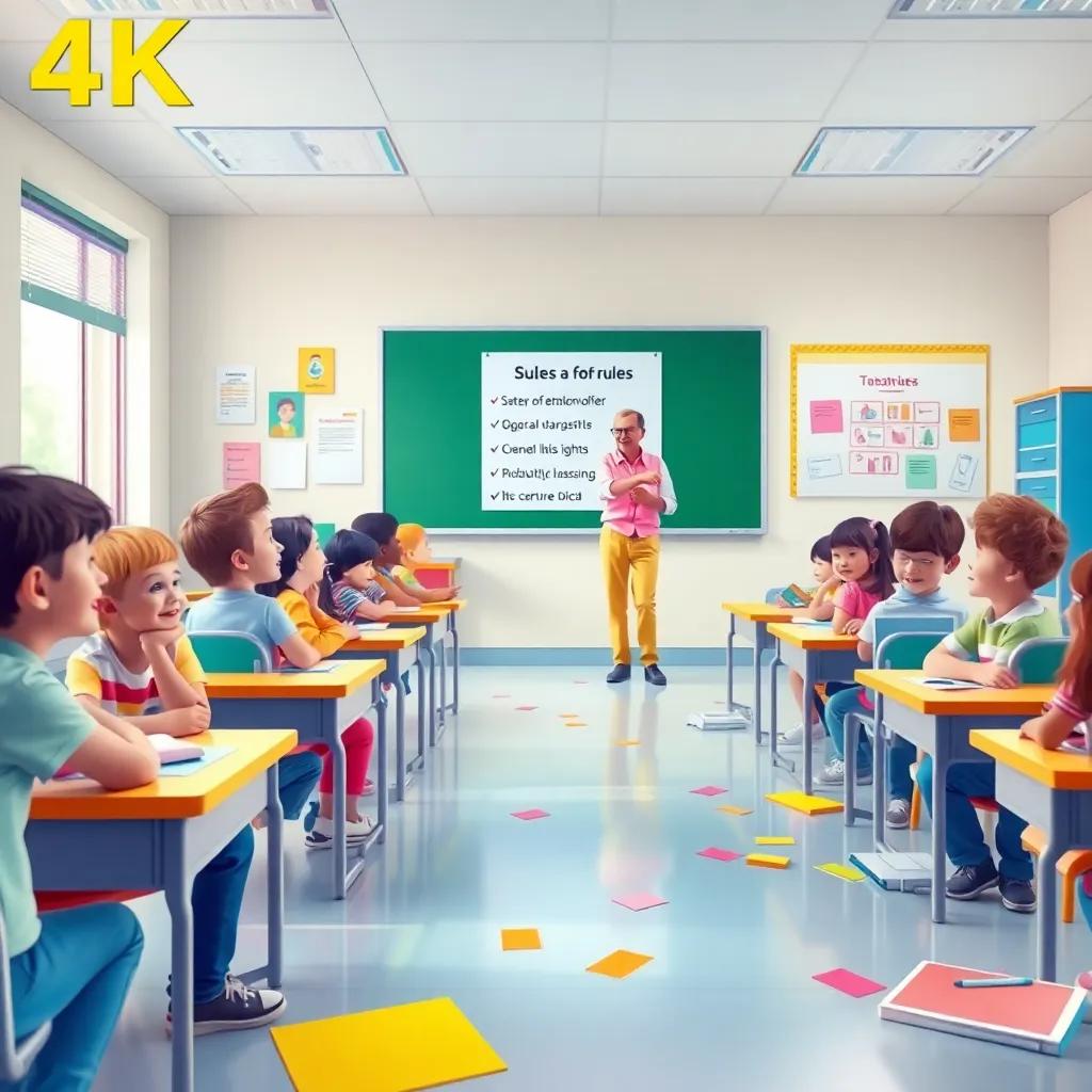 A lively classroom with students sitting at desks, some laughing, others focused, a teacher pointing to a sign about rules on the board, colorful materials scattered, cheerful vibe, digital art, child-friendly, bright colors, engaging scene, high quality