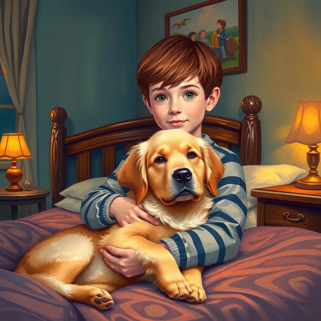 A cozy bedroom featuring an eleven-year-old boy, Jake, with short brown hair in pajamas, holding a fluffy golden retriever, Charlie, on his bed, soft lighting, warm colors, inviting atmosphere, high quality