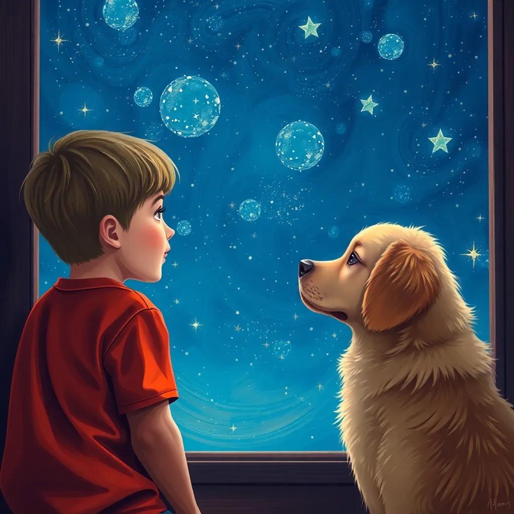 A starry night sky seen through a window, with Jake, a young boy, talking to Charlie, a fluffy golden retriever, as they both look at the twinkling stars, peaceful ambience, soft light, high quality