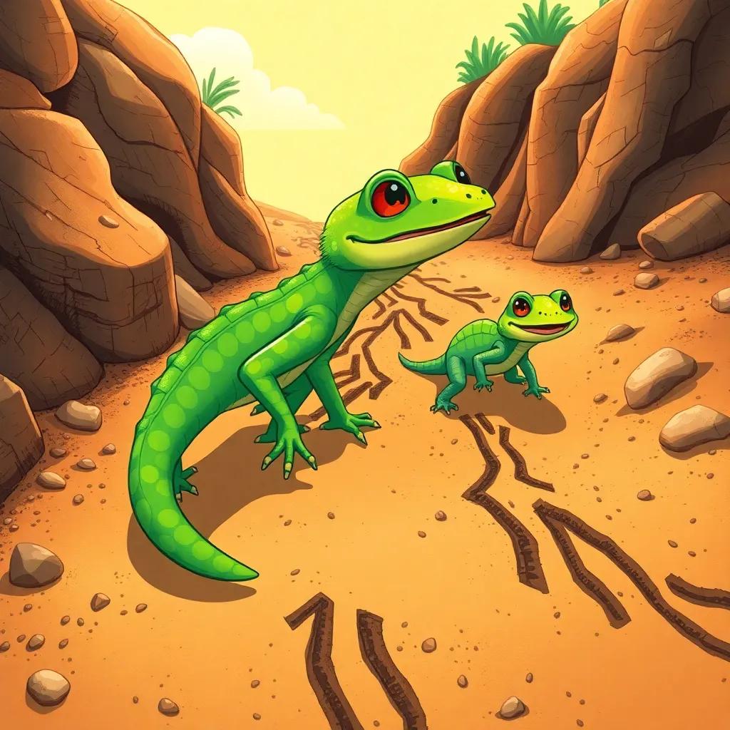 Gordon the Gecko, with bright green scales, leading his friends down a dusty riverbed, with strange tracks in the dirt, colorful and sunny, adventurous scene, cheerful tones, artistic illustration, high detail