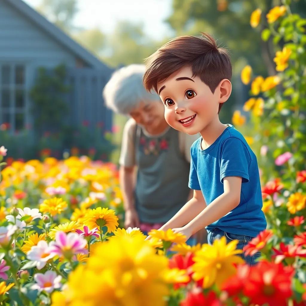 A young boy, Tommy, with short brown hair, wearing a blue t-shirt and jeans, happily helping his grandma in a bright, colorful garden filled with blooming flowers, digital art, cheerful, warm sunlight, inviting atmosphere, high quality