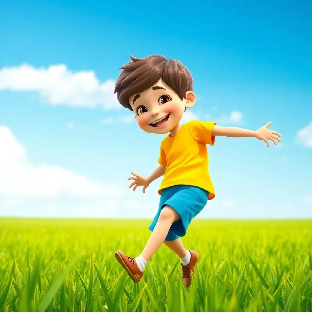 A young boy, Granit, with short brown hair wearing a bright yellow t-shirt and blue shorts, joyfully playing in a green field under a clear blue sky, smiling and spinning around, digital art, cheerful, vibrant colors, playful atmosphere, high quality