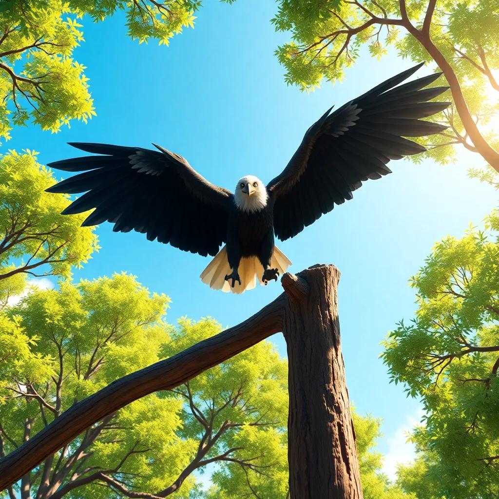 A great black eagle with wide wings, perched on a branch of a tall tree, looking down at Granit, surrounded by leafy green trees and a bright blue sky, illustration, magical, colorful, warm sunlight, child-friendly perspective, high quality