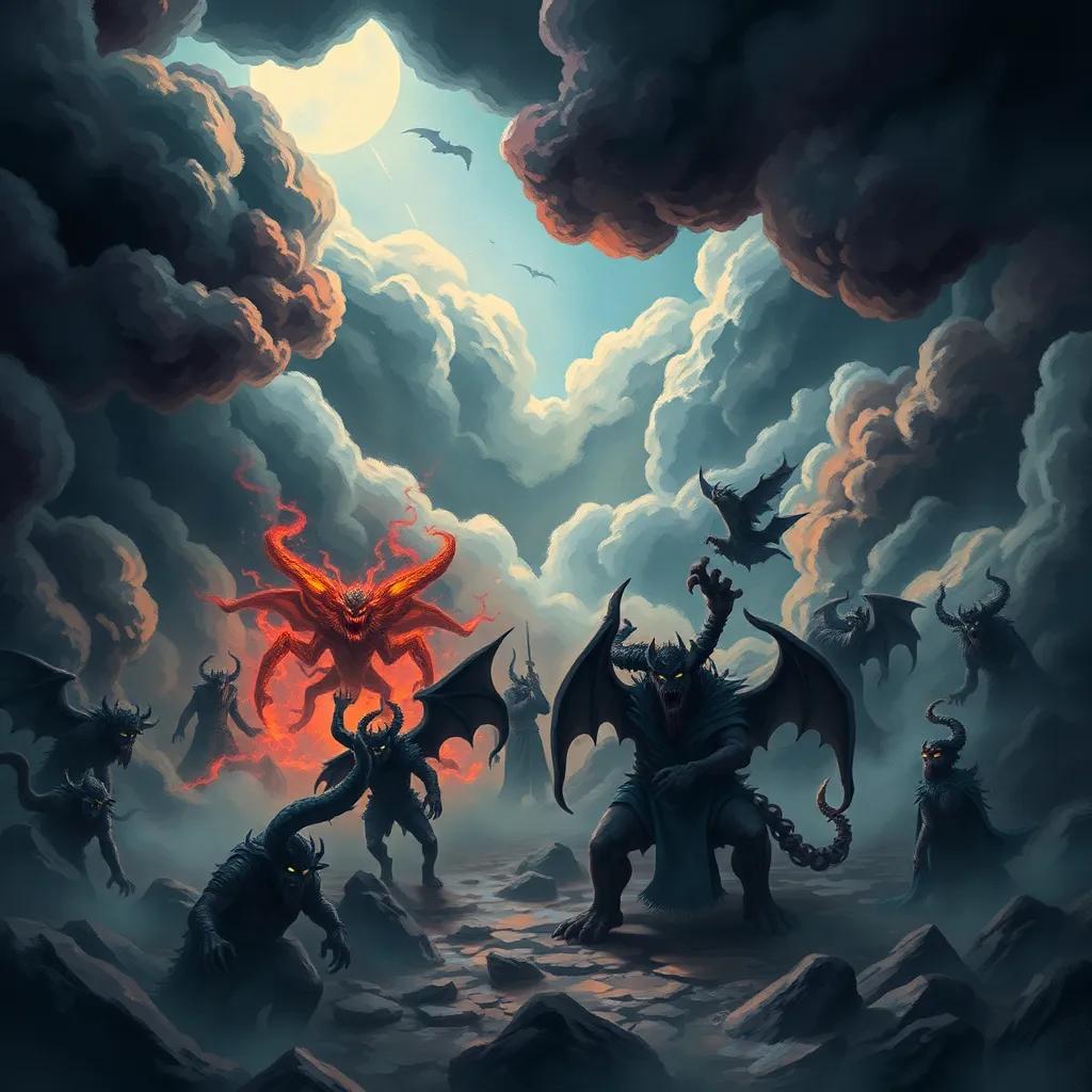 A chaotic ancient world with dark clouds, demons led by Apollyon the Destroyer are threatening humanity, digital art, dramatic lighting, dark and fearful colors, wide view, high quality, emotional expression