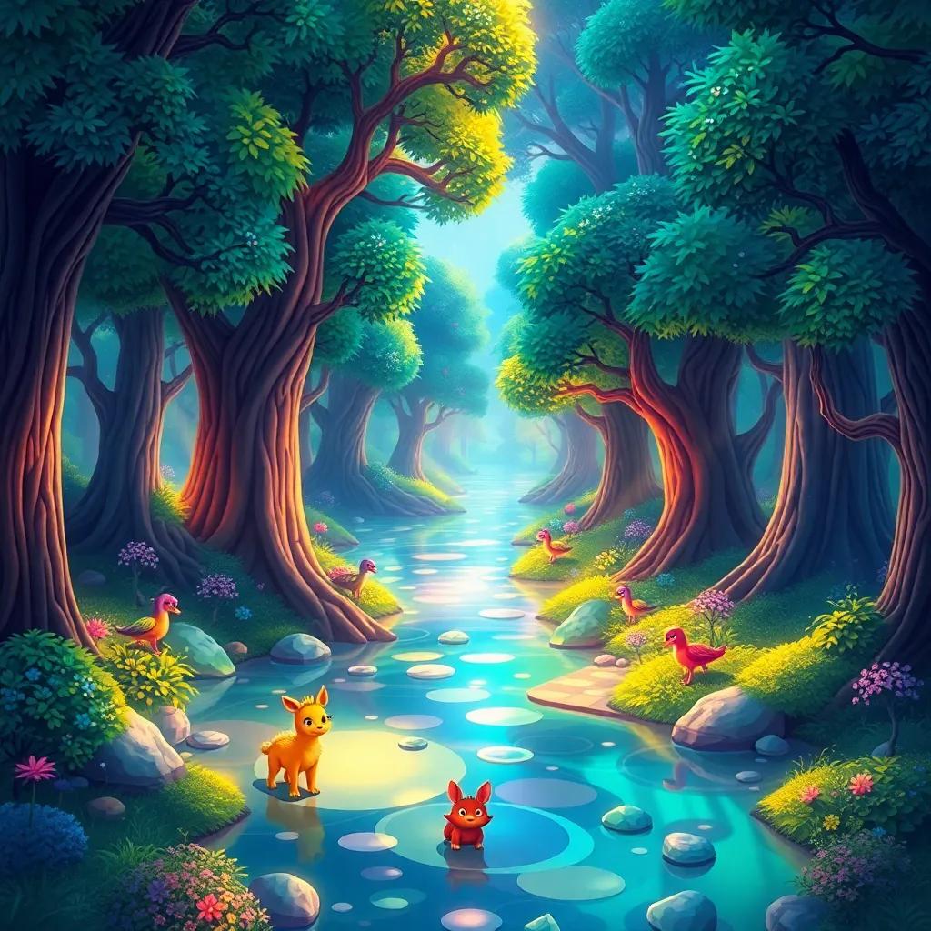 A magical forest glowing with vibrant colors, giant trees with sparkling leaves, crystal-clear rivers reflecting sunlight, and colorful mystical creatures appearing gradually, illustration, cheerful, fantasy, colorful