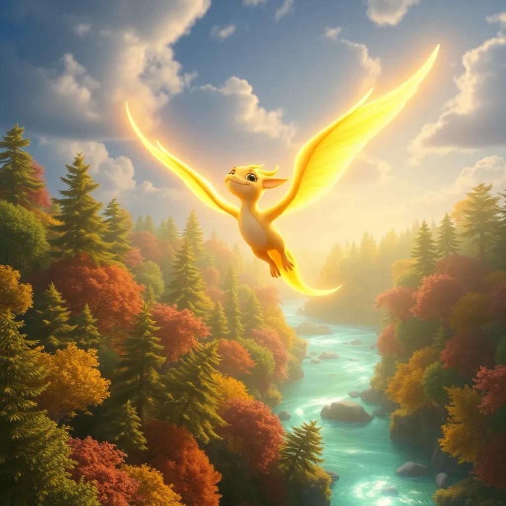 Fluma, a winged creature with golden light wings, flying high in the sky, spreading sunlight over the glowing forest, surrounded by vivid trees and bright rivers, digital art, lively, magical, inviting