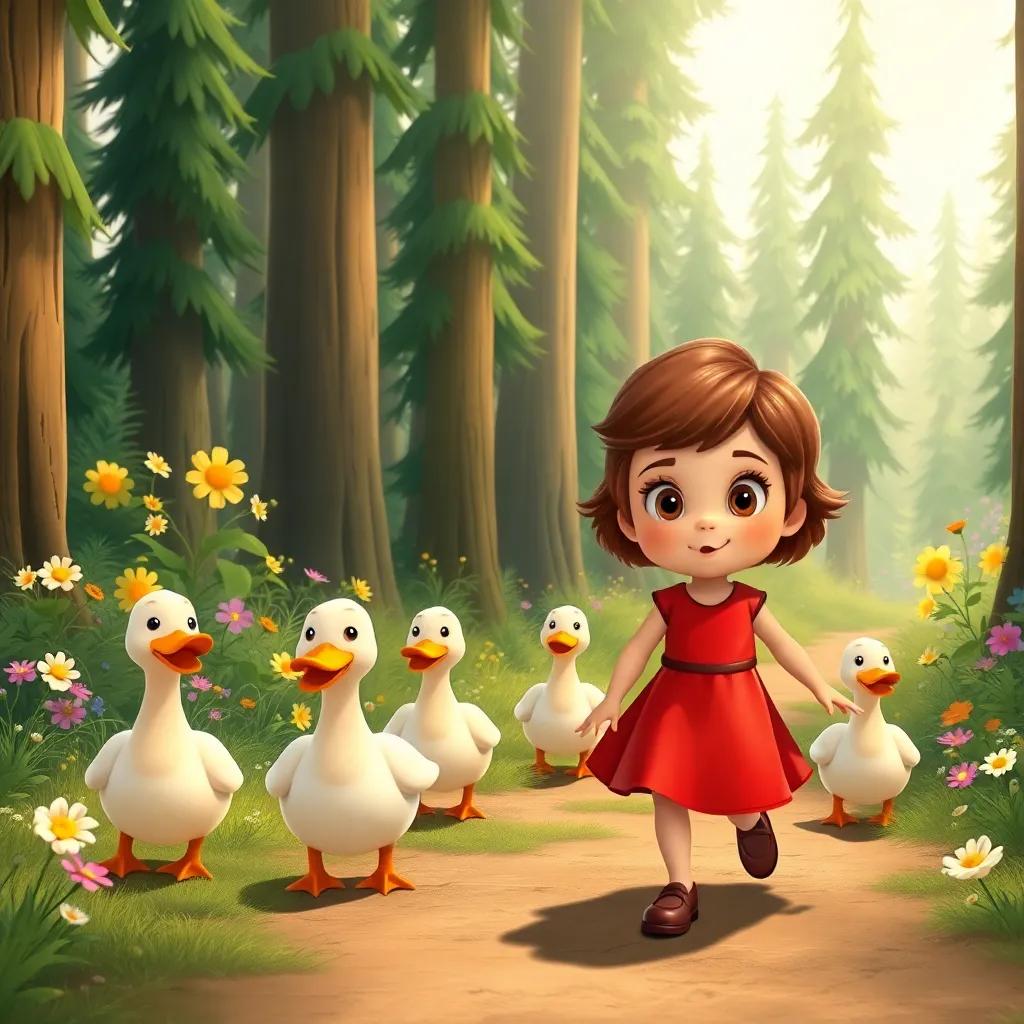 Gussy, a little girl with short brown hair in a bright red dress, leading cheerful ducks through a magical forest with tall trees and colorful flowers, illustration, sunny atmosphere, exciting adventure scene, child-friendly