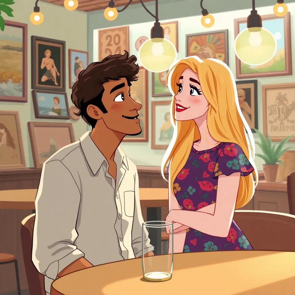 A cozy French café, Hacène, a young Middle-Eastern man with short, curly hair, wearing a casual shirt, looking lovingly at Marianne, a European woman in her twenties with long blonde hair wearing a colorful dress, surrounded by art pieces in a warm and inviting atmosphere, illustration, bright colors, cheerful vibe, high quality