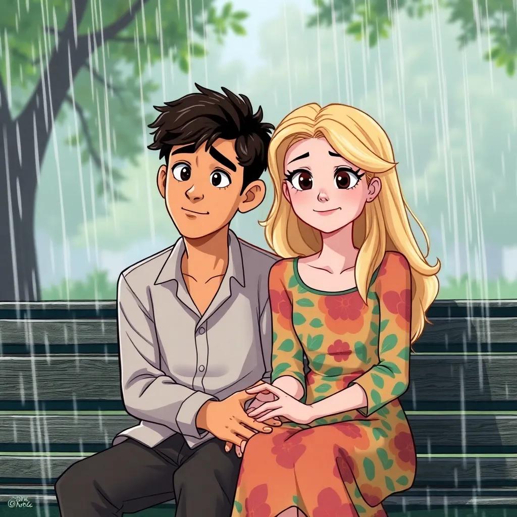 Hacène, a young Middle-Eastern man with short, curly hair, wearing a casual shirt, sitting on a park bench with Marianne, a European woman with long blonde hair in a colorful dress, rain falling around them, their hands held tightly, expression of determination, illustration, soft focus, emotional moment, high quality