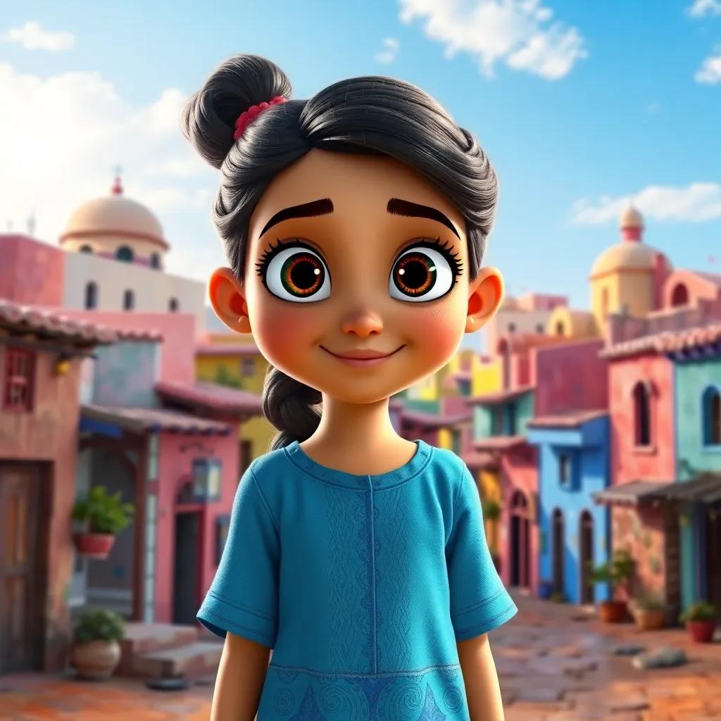 A brave girl, Haina, with bright eyes and a blue dress standing in a Moroccan village with colorful houses and a bright sky, digital art, cheerful atmosphere, vibrant colors, high quality