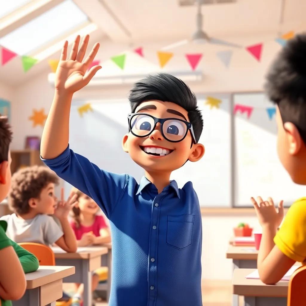 A sunny classroom with a whiteboard, Hamada, a young Arab boy, with short black hair, wearing a blue shirt and glasses, raising his hand with a big smile, friends looking excited, colorful decorations, cheerful and engaging scene, digital art, vibrant colors, high quality
