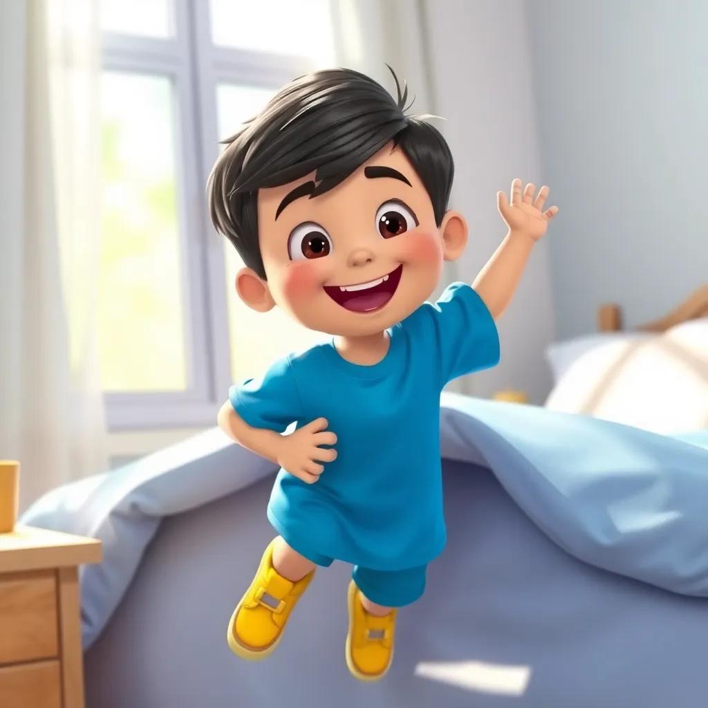 A little boy, Hamad, with dark hair, wearing a bright blue shirt and yellow shoes, smiling happily as he jumps out of bed with sunlight streaming through the window, cheerful morning atmosphere, inviting, bright colors, high quality