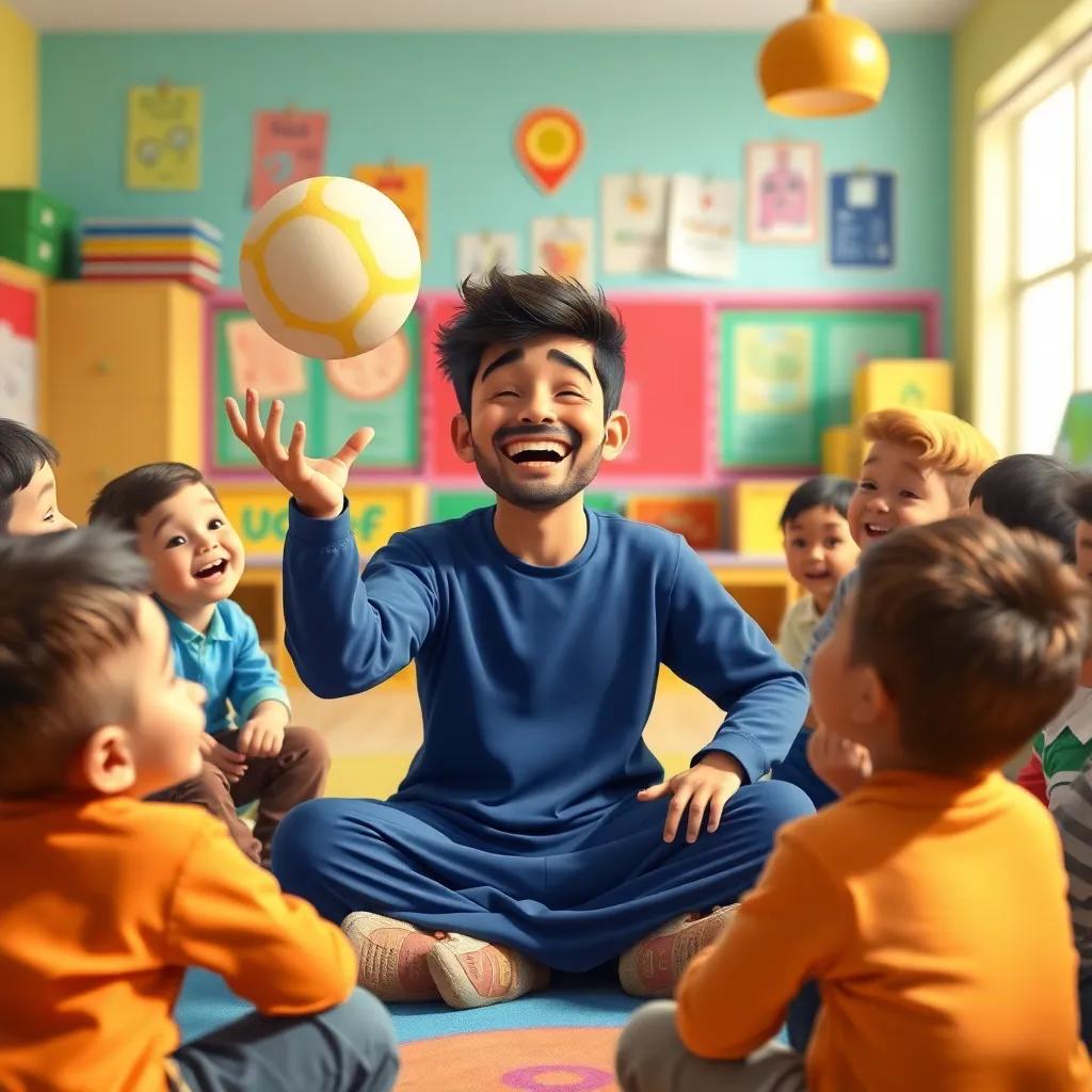 Hamad, sitting in a colorful classroom circle, laughing while tossing a soft ball to his classmates, other boys around him expressing excitement, bright and cheerful classroom setting, engaging atmosphere, vibrant colors, high quality
