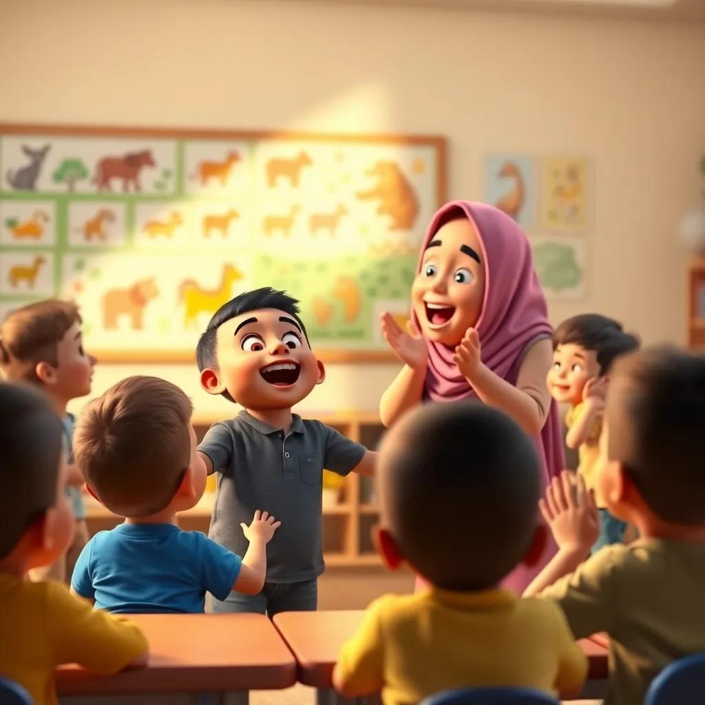 Hamad, singing with excitement in front of his classmates, Miss Sara clapping and smiling, colorful pictures of animals on the wall, everyone is happy and engaged, warm light, joyful classroom, friendly environment, high quality