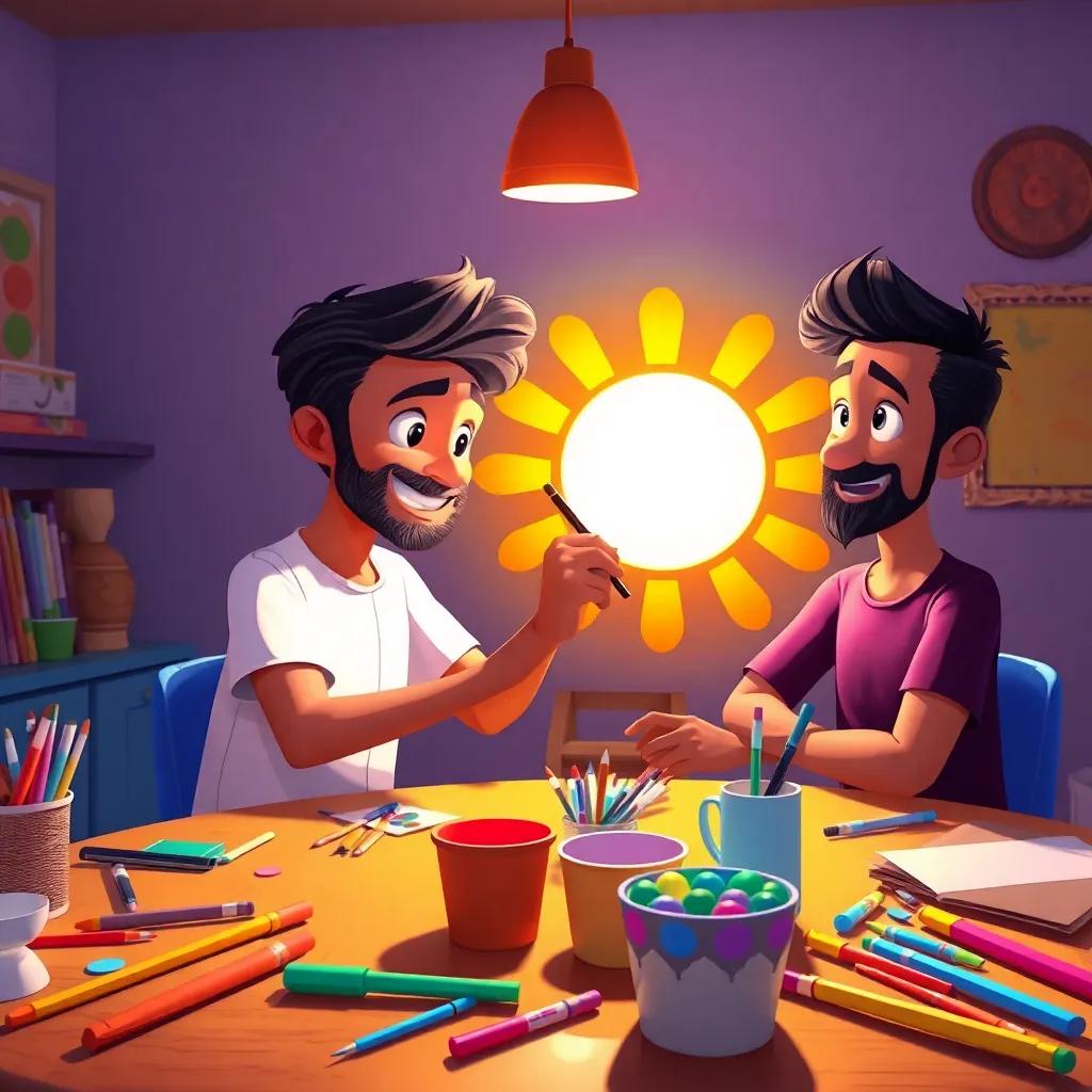 Hamad, painting a big sun with bright colors, sitting at a table with his friend Ali watching, colorful art supplies scattered around, creative and fun atmosphere, vibrant colors, high quality