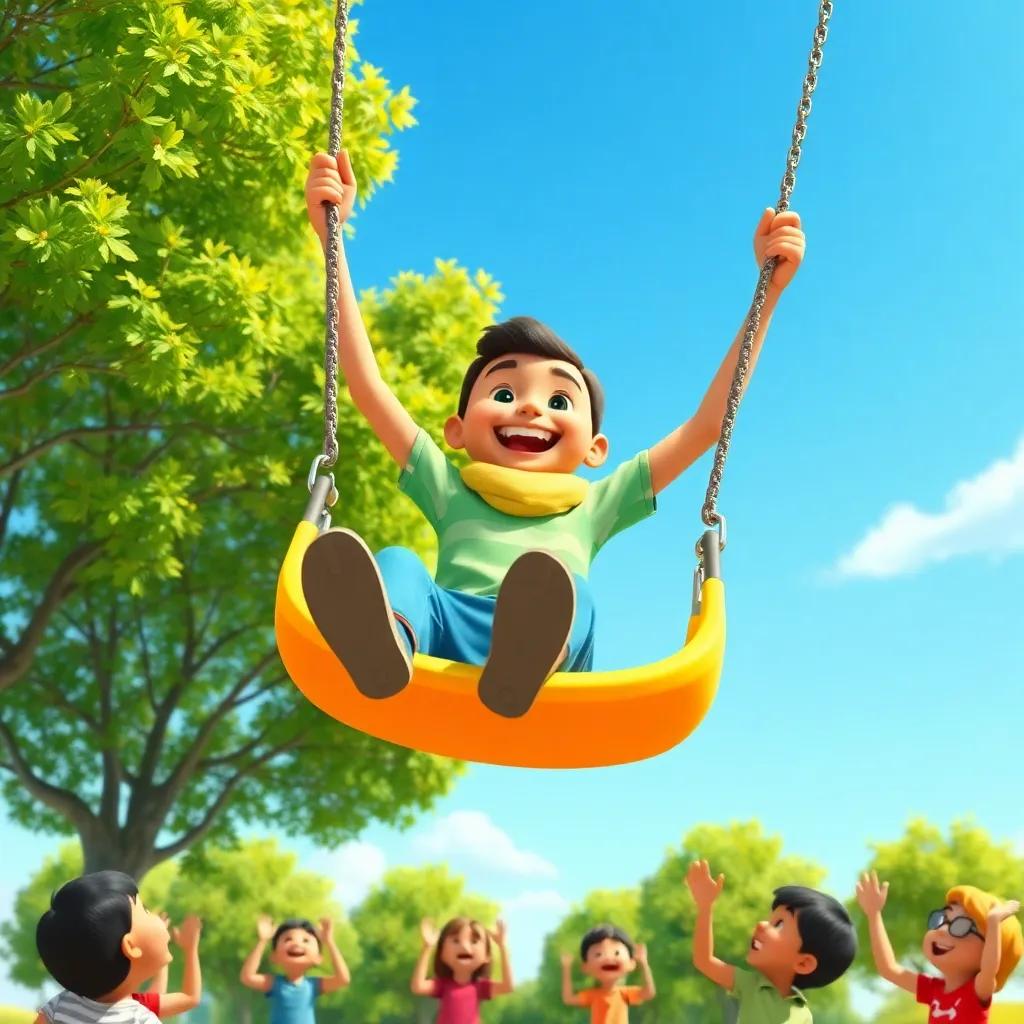 Hamad on a swing in a sunny playground, swinging high with a big smile, friends cheering him on from the ground, bright blue sky and green trees around, joyful and cheerful scene, vibrant colors, high quality