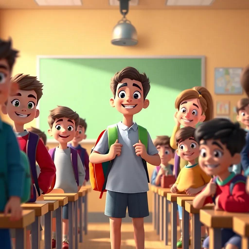 A classroom bell ringing, Hamad gathering his colorful backpack with other boys, Miss Sara smiling, joyful expressions on all faces, warm light and cheerful atmosphere, high quality