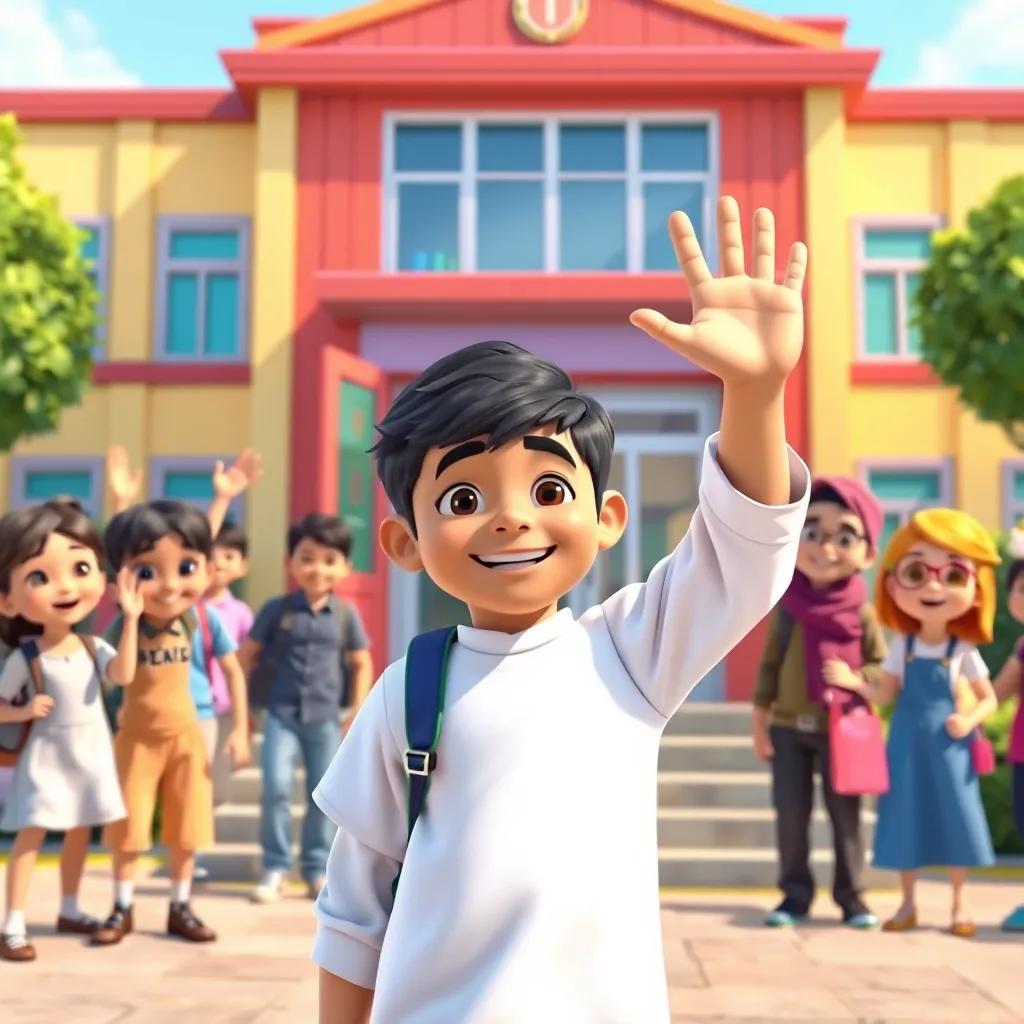 Hamad waving goodbye to his friends outside the school, friends waving back, happy expressions all around, bright sunny day, colorful school building in the background, joyful atmosphere, high quality