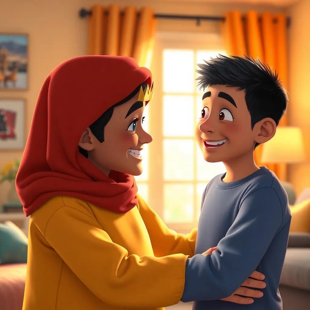 Hamad telling his mom about his fun day, bright home setting with warm light, mom smiling and hugging him, joyful atmosphere, colorful and inviting, high quality