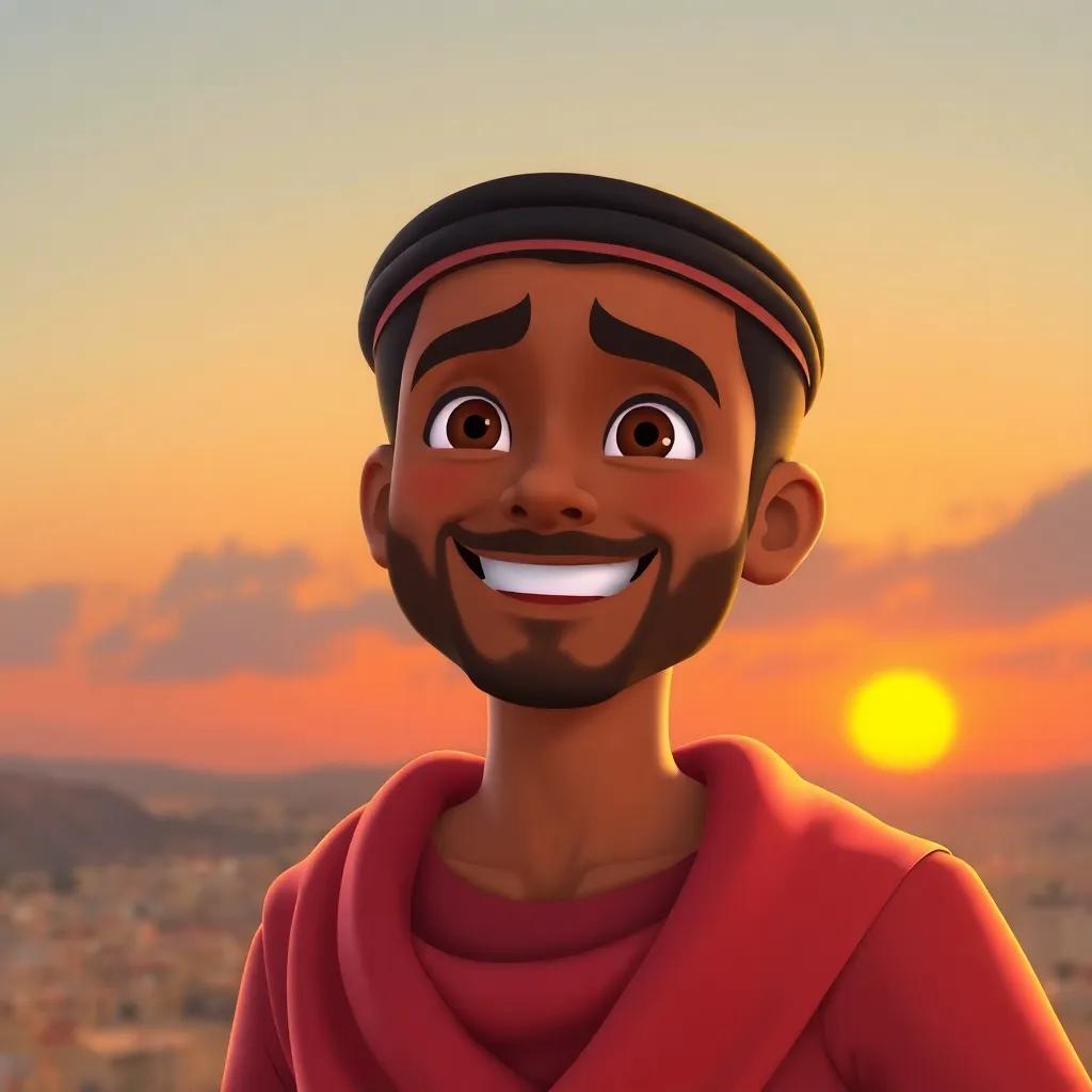 Hamad with happy facial expression, looking excited about tomorrow, a sunset in the background, feeling proud of his first day, warm colors, peaceful end of the day, high quality