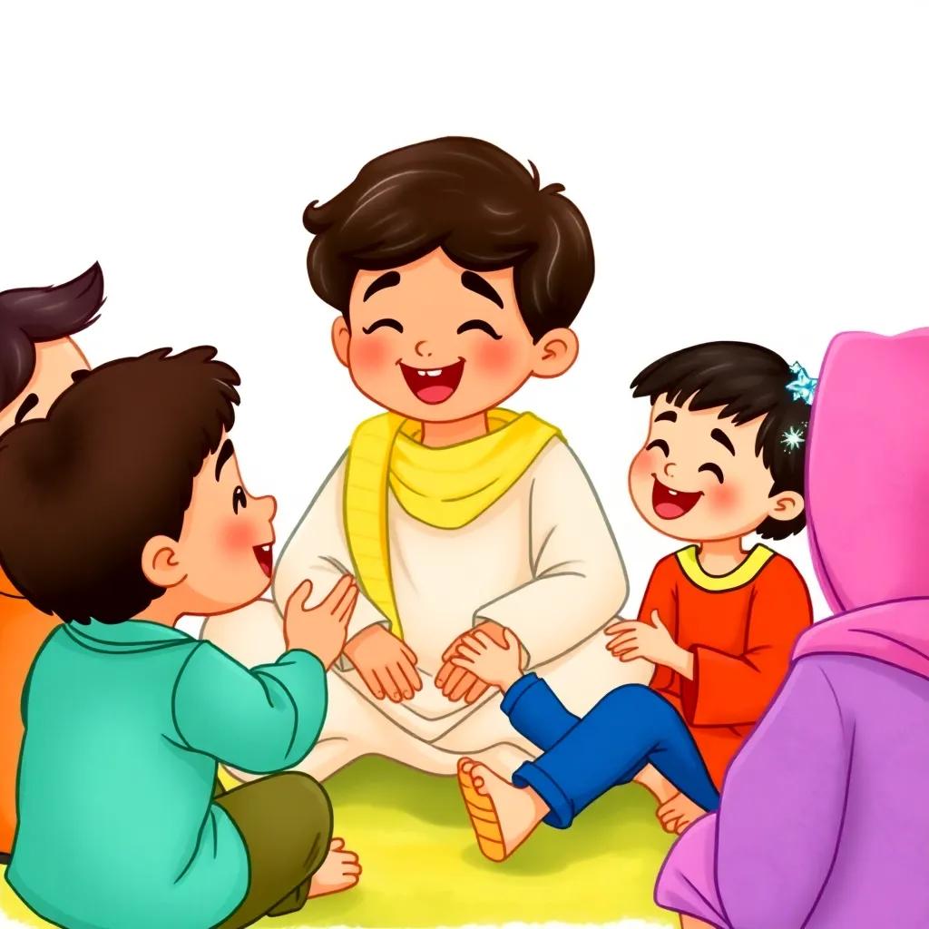 Hamad sitting in a circle with other children, including a boy in a blue shirt and a girl with sparkling hair clips, singing and smiling together, illustration, colorful, cheerful, child-friendly, high quality