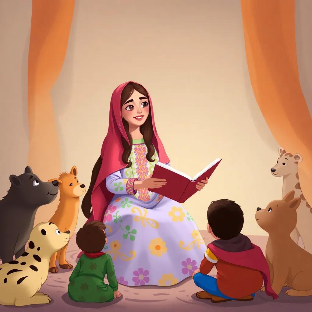 Miss Sara, a young Arab woman with long hair, wearing a colorful dress, telling a story to Hamad and his friends, surrounded by animal drawings, digital art, warm colors, engaging scene, high quality