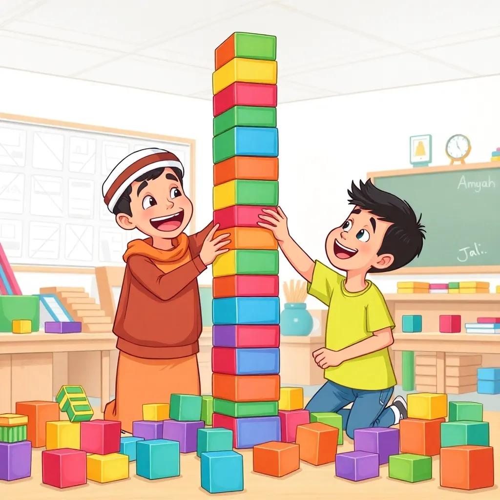 Hamad building a tall block tower with Ali, both boys excited and smiling, colorful blocks everywhere in the classroom, illustration, fun, playful atmosphere, high quality