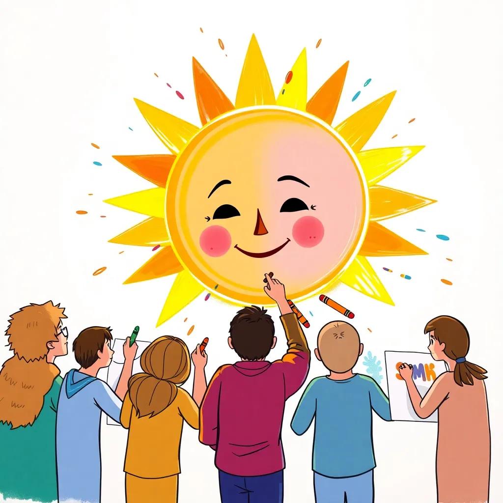 Hamad drawing a big sun with crayons, vibrant colors on paper, surrounded by friends with their artwork, digital art, cheerful vibe, high quality