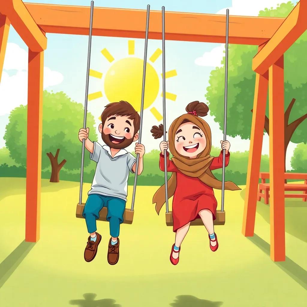 Hamad and Fatima swinging high on swings in a sunny playground, joyful expressions on their faces, illustration, bright colors, fun and energetic scene, high quality