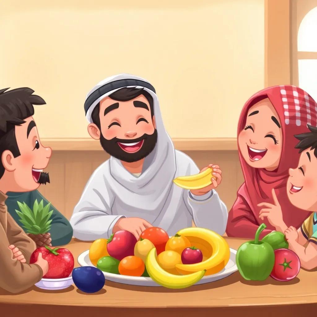 Hamad enjoying a fruit snack with his friends, smiling and laughing, colorful fruits on the table, digital art, warm atmosphere, joyful, high quality