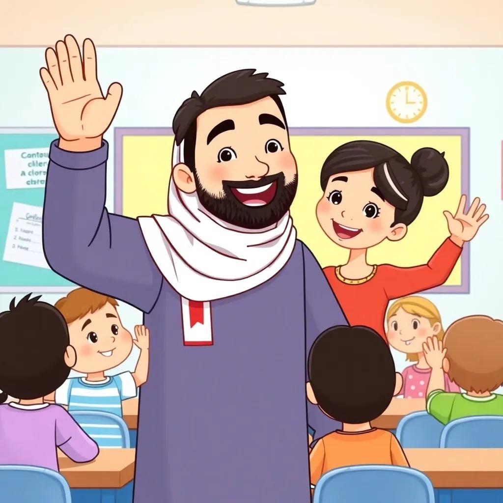 Hamad waving goodbye to Miss Sara with a big smile, other children waving back, bright classroom in the backdrop, illustration, cheerful and lighthearted, high quality