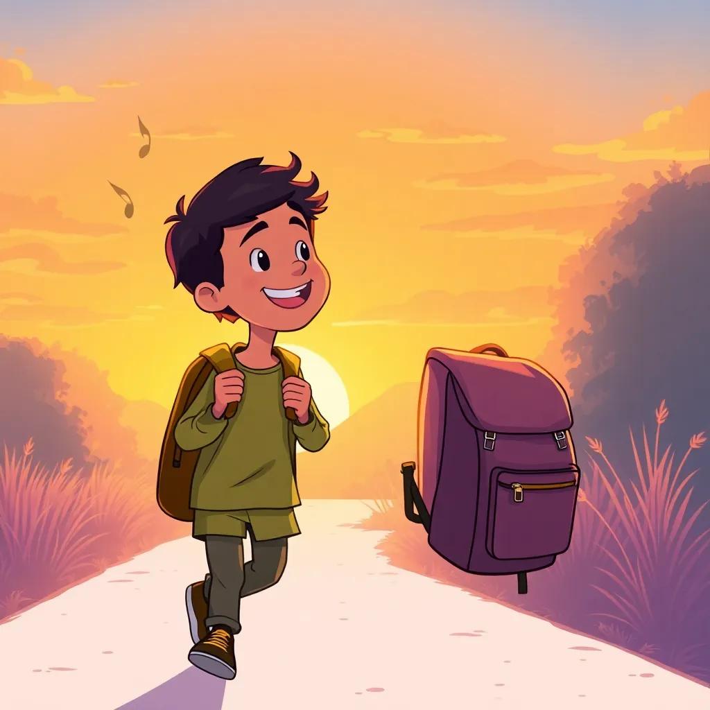 Hamad walking home with a backpack, humming songs, with a sunset sky in the background, feeling happy and excited, digital art, warm colors, peaceful vibe, high quality