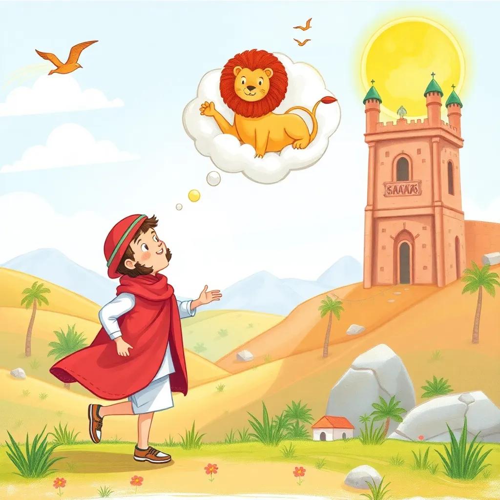 Hamad daydreaming about lions and towers while skipping, the world around him bright and colorful, illustration, whimsical, imaginative scene, high quality