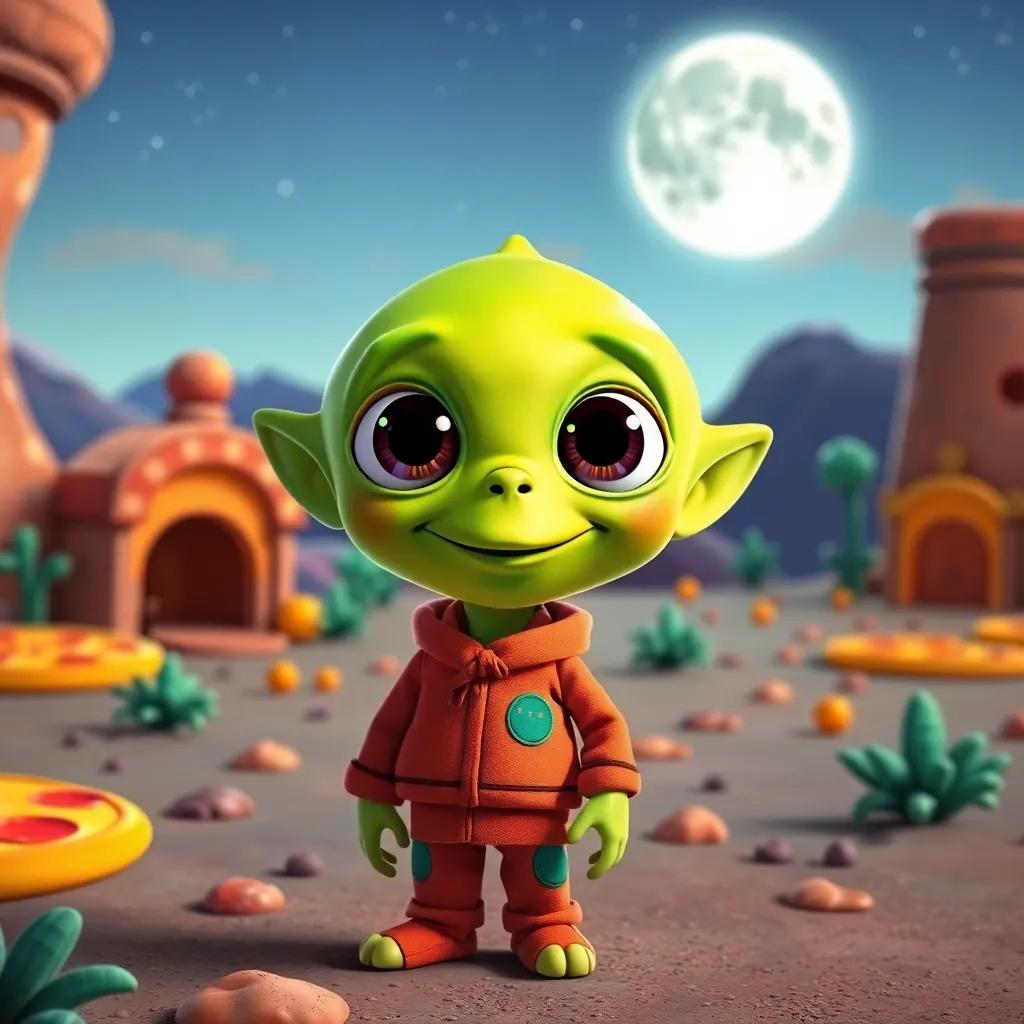 A green alien, Zuzu, with big eyes and a silly smile, wearing a colorful outfit, standing beside Hamed, in a vibrant pizza-themed landscape with a moon shaped like a pizza oven, illustration, playful, warm colors, friendly vibes, high quality