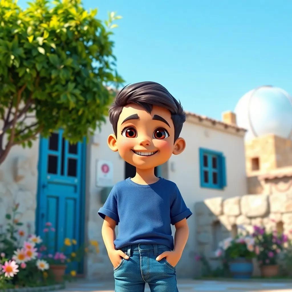 A young Arab boy, Hamza, with short dark hair, wearing a blue t-shirt and jeans, happily standing outside his house in Baqa al-Gharbiyya, surrounded by trees and flowers, sunny sky, cheerful atmosphere, colorful, child-friendly, hyperrealistic